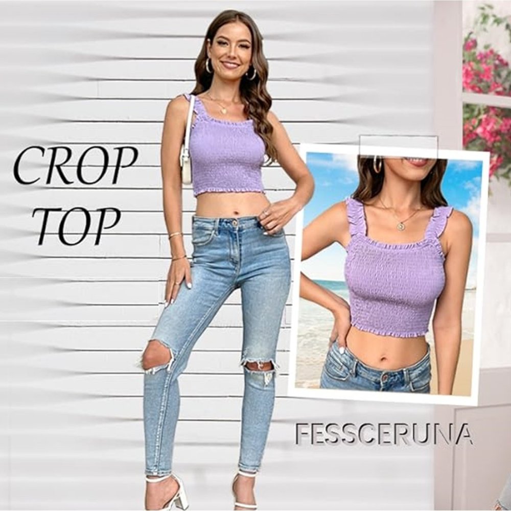 FESSCERUNA Slim Fitting Ruffle Sleeve Smocked Tank Top 💮 NEW!!!